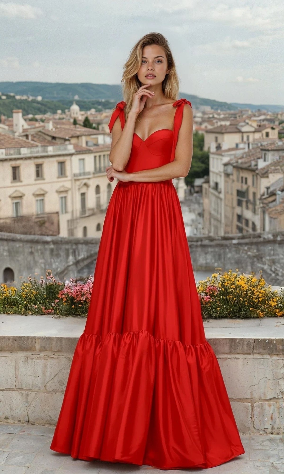 A woman in a PromGirl Exclusive Prom Dress with Shoulder Bows stands outside by a stone ledge with flowers, overlooking a European cityscape of tiled rooftops.